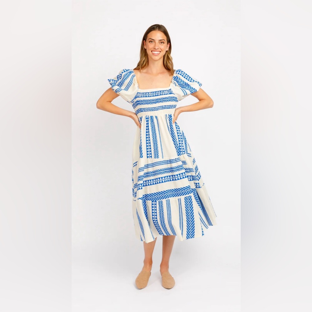 Sofia Made in Italy Women’s Blue White Cotton Jacquard Midi Dress Fits 2-8